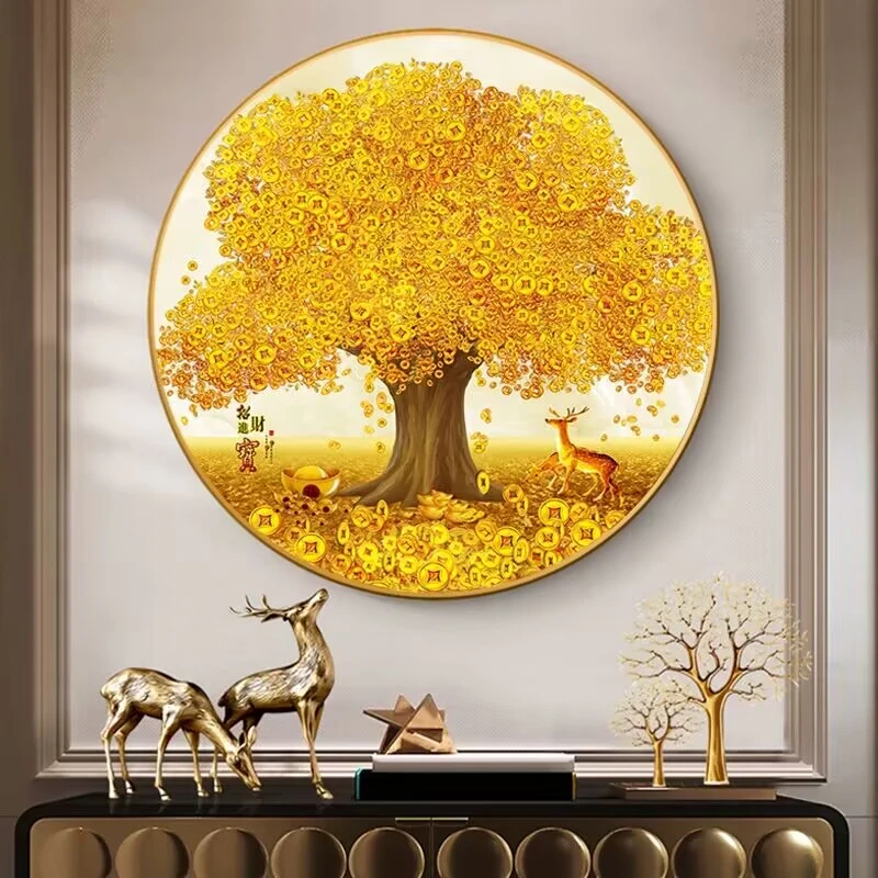 YX001圆形铜钱树晶瓷画装饰画现代简约新款客厅挂画餐厅厨房壁画