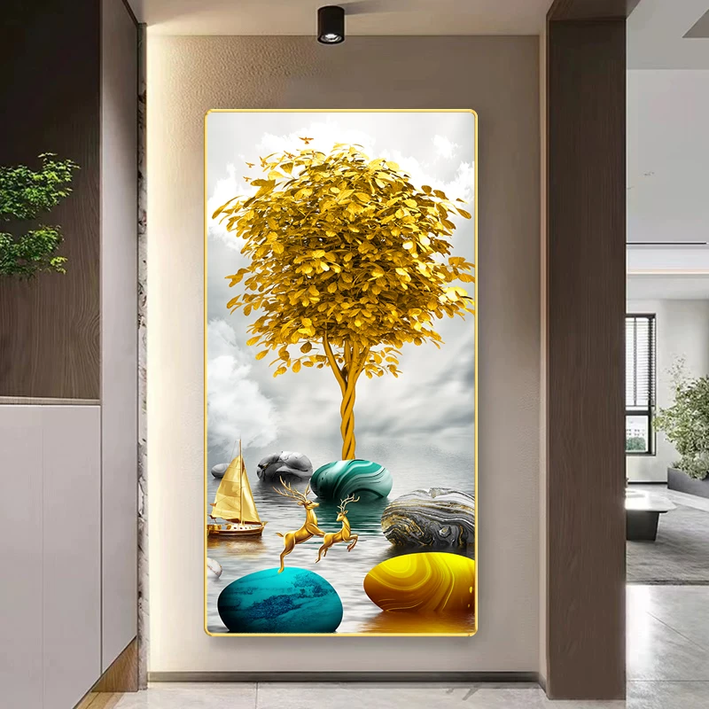 XG008新款发财树玄关画晶瓷画竖版墙画现走廊过道挂画
