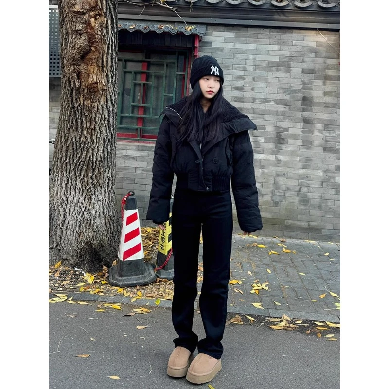 纯黑色软牛仔裤男秋冬款加绒显瘦修身裤子美式高街直筒微喇弯刀裤