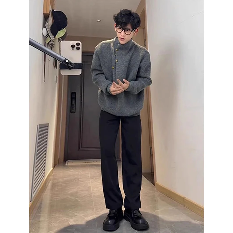新中式灰色半高领毛衣男秋冬款慵懒风高级感设计感老钱风针织外套