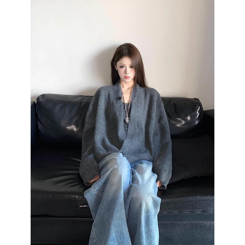 斜门襟道袍开衫毛衣男秋冬美式慵懒高级感v领针织衫cleanfit外套