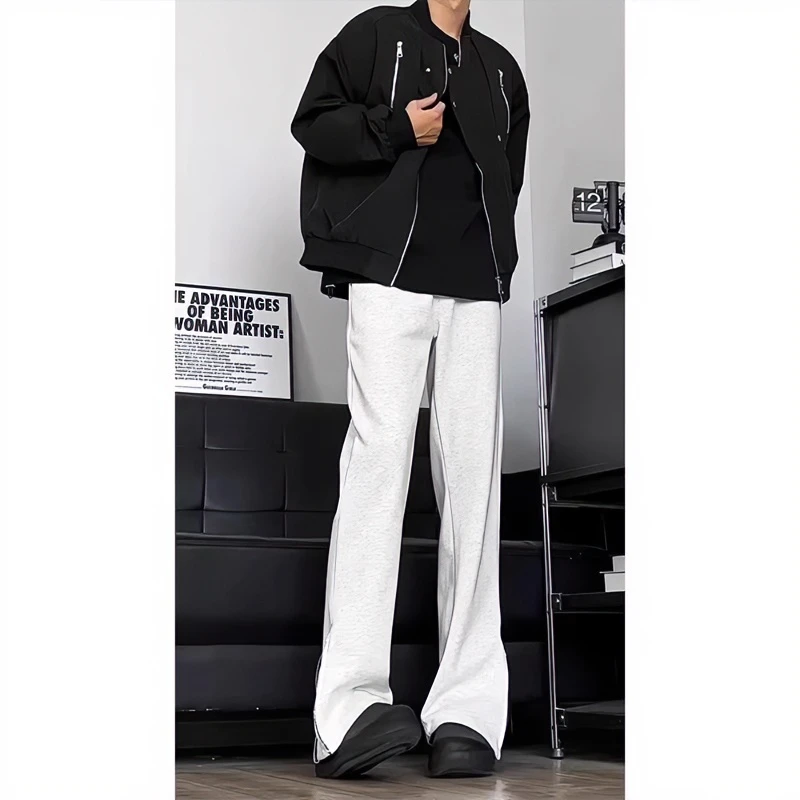 美式高街vibe花灰色微喇卫裤男春秋款侧拉链cleanfit潮流休闲长裤