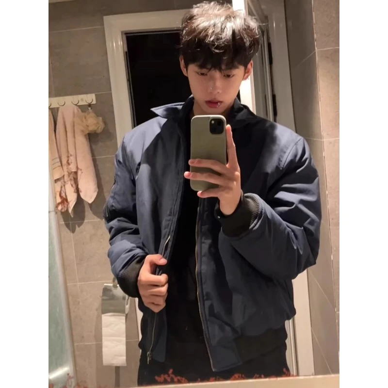 藏青色飞行夹克棉服男冬季加厚美式痞帅外套bomber情侣夹棉棒球服