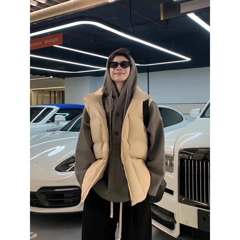 米白色棉衣马甲男款冬季痞帅风棉服工装无袖叠穿背心美式高街外套