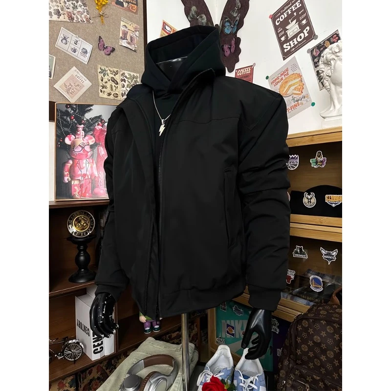 黑色美式教练夹克棉服男冬季加厚保暖立领棒球服高级感夹棉衣外套