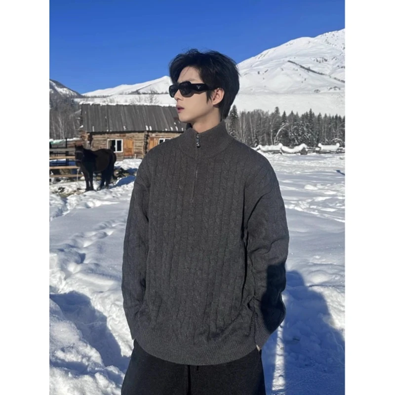 灰色高领麻花毛衣男款冬季慵懒高级感痞帅半拉链外套松弛感针织衫