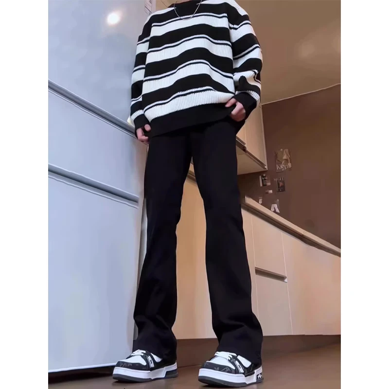 纯黑色微喇牛仔裤男生春季高级感cleanfit裤子直筒加长版弹力长裤