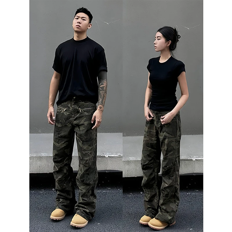 美式迷彩牛仔裤男款夏季复古高街微喇裤潮牌vibe风休闲工装长裤子