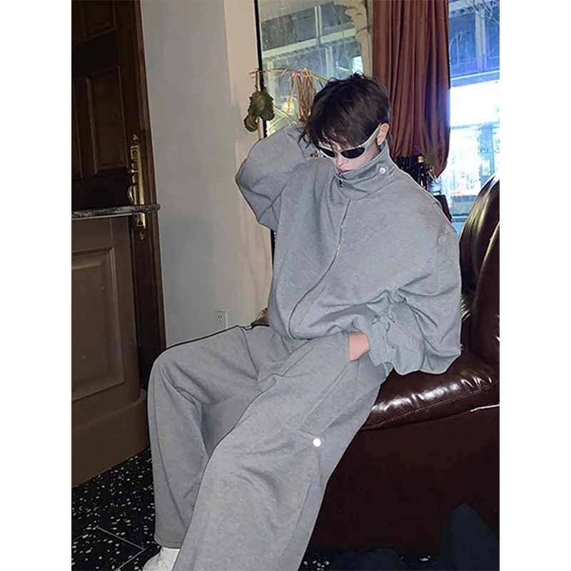 立领开衫卫衣外套男春秋季情侣休闲运动套装痞帅高级感一整套穿搭