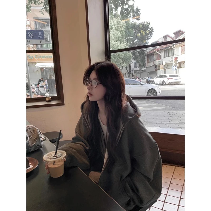 深灰色连帽款开衫卫衣男款春秋季美式高街外套中性风重磅情侣帽衫