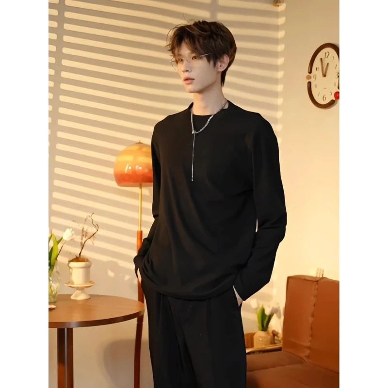 黑色简约百搭长袖t恤男生秋冬重磅美式圆领上衣基础款内搭打底衫