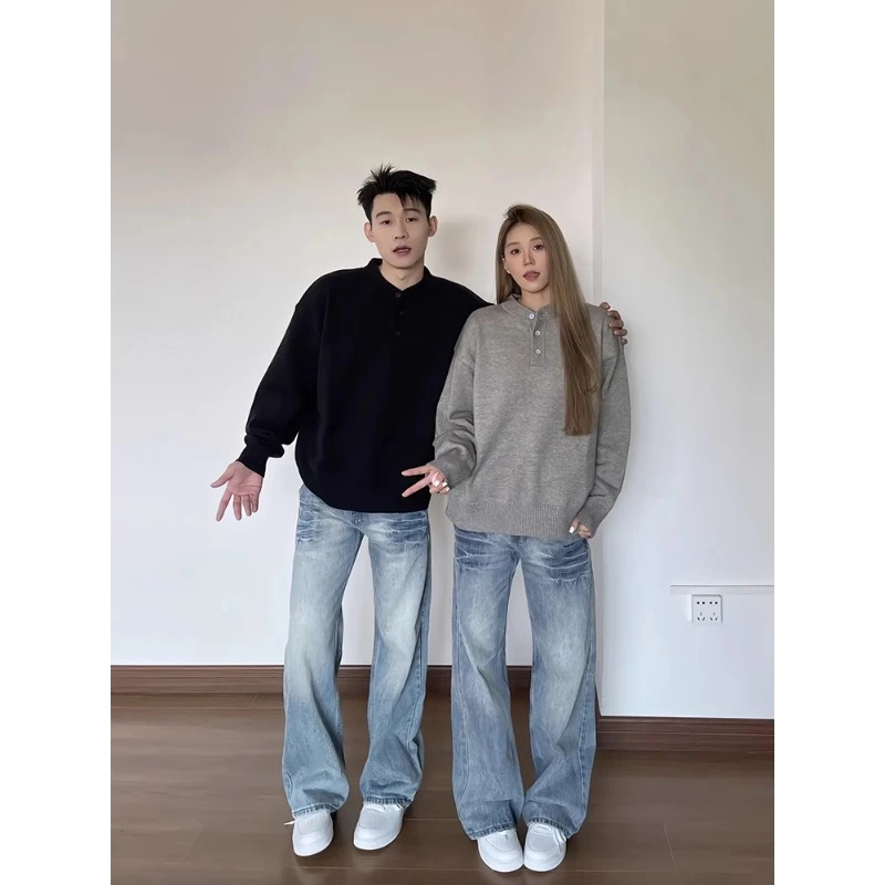 美式复古亨利领毛衣男款冬季高级感情侣针织衫cleanfit内搭打底衫