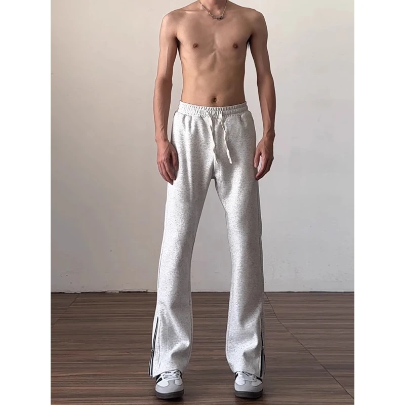 裤脚开叉微喇卫裤男款秋冬灰色直筒运动裤青少年美式百搭休闲长裤