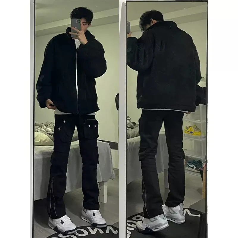 美式立领棉服男款冬季欧美hiphop高街棉衣加厚纯黑色情侣装面包服