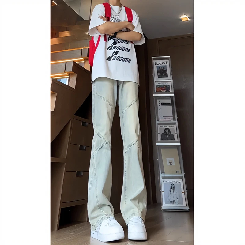 美式高街vibe牛仔裤男潮牌高街vibe复古直筒休闲修身微喇弯刀裤子