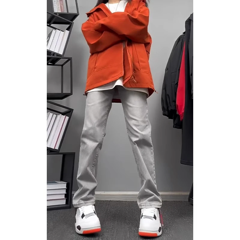 水泥灰牛仔裤男cleanfit窄版直筒vibe裤子秋冬加绒潮牌烟灰色长裤