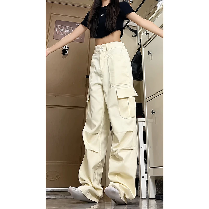 米白色伞兵工装休闲裤男夏季直筒多口袋裤子美式宽松休闲阔腿长裤