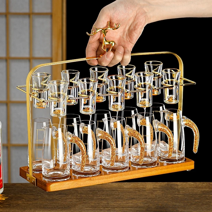 中式家用金山白酒杯套装水晶玻璃分酒器一口杯小酒杯酒盅创意蓝山