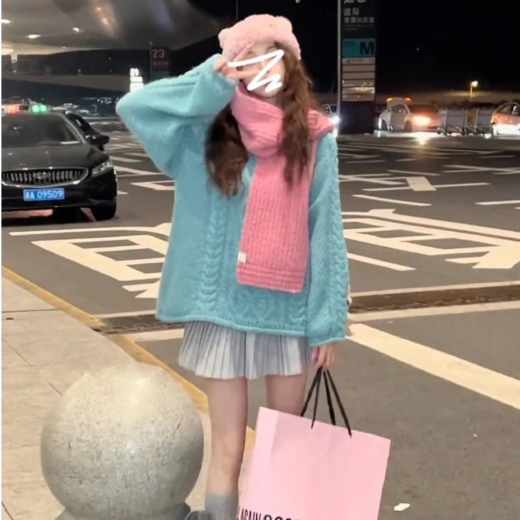 慵懒风粉色麻花套头针织毛衣女秋冬季2024新款韩系高级感宽松上衣