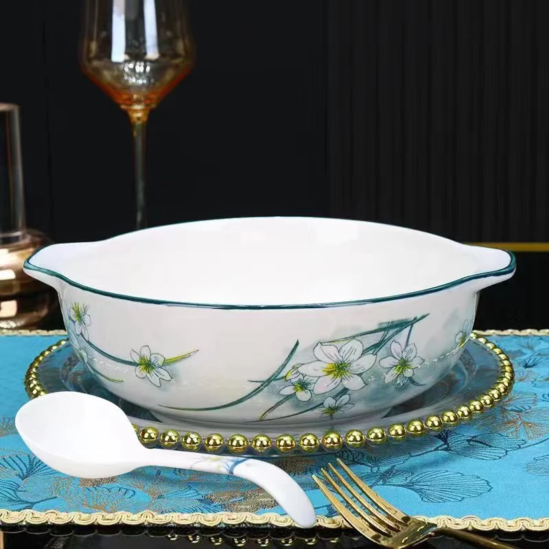 【水仙花双耳带耳10.5英寸汤碗一个送勺子一个】破损补发1