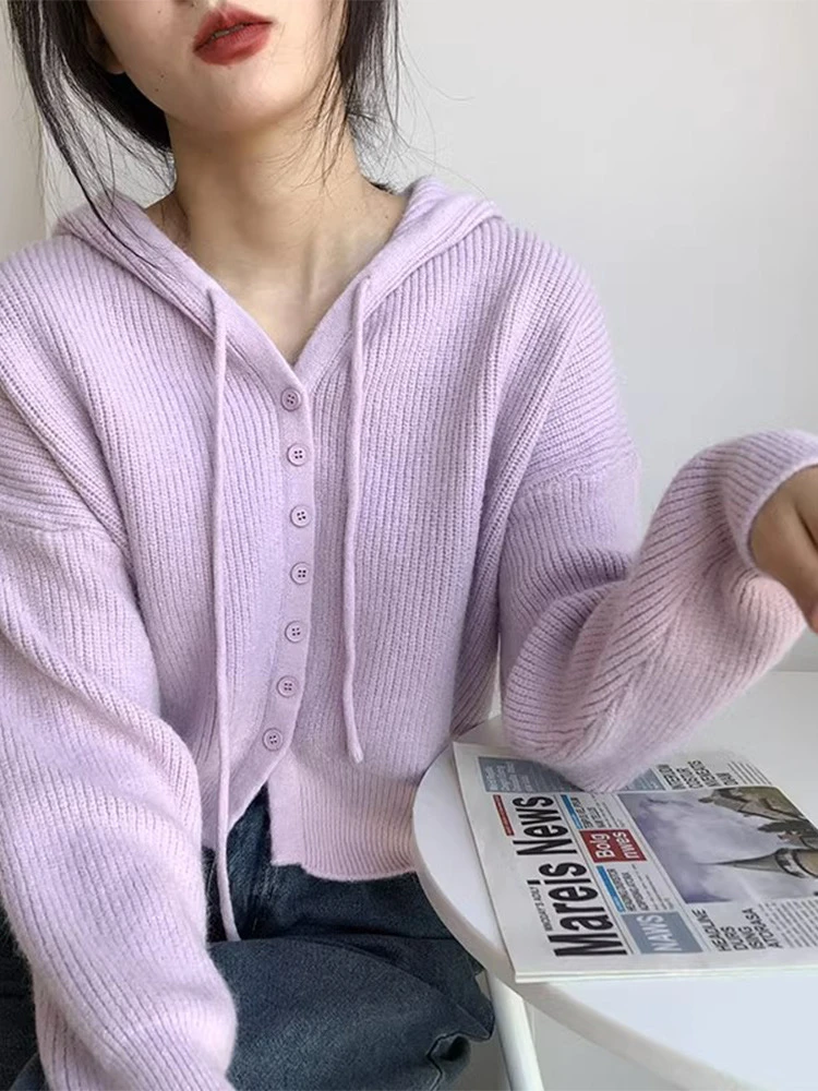 2025秋冬新款高级感毛衣外穿短款洋气高腰显瘦连帽开衫针织外套女