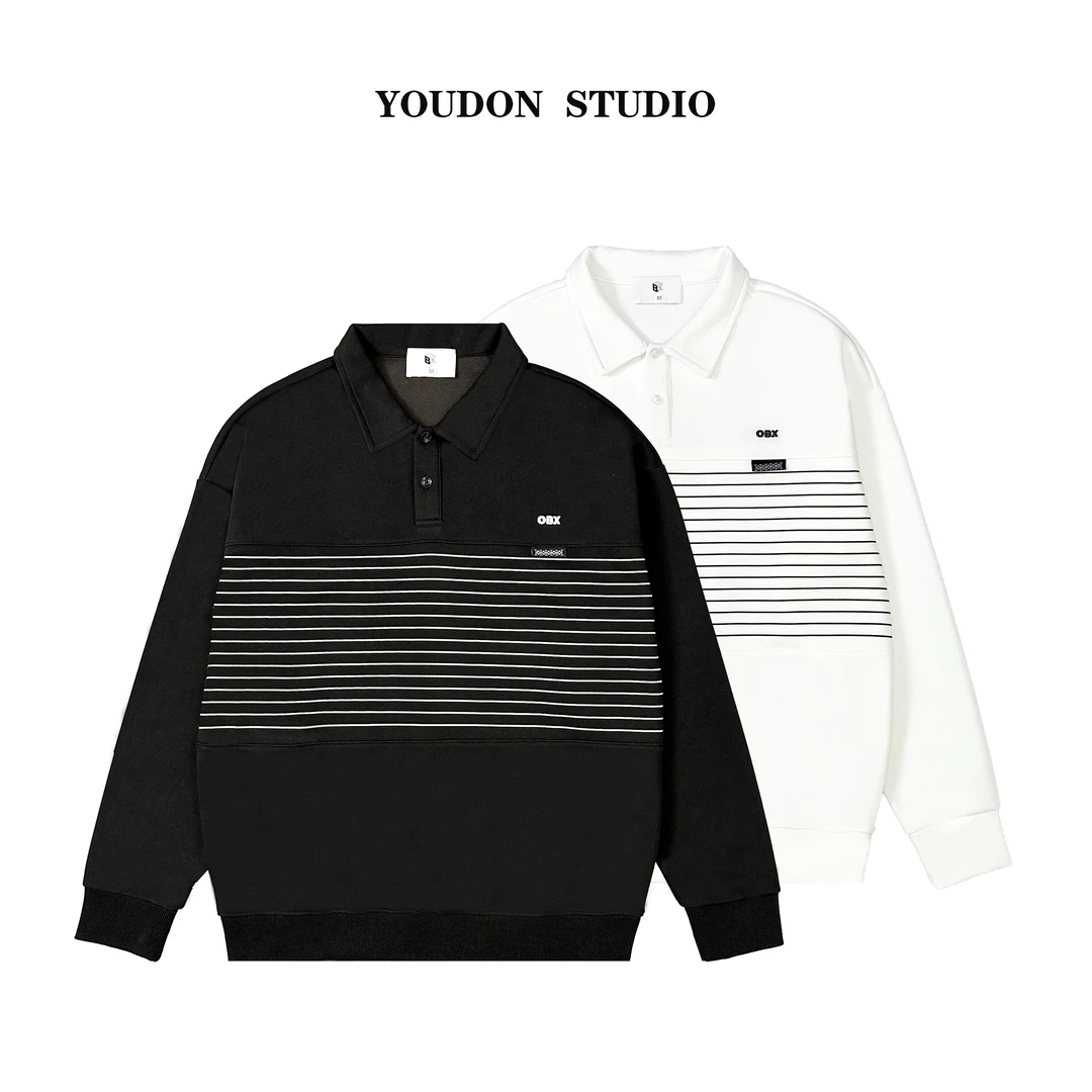 秋季新款条纹印花宽松翻领休闲百搭简约经典潮流男士长袖T恤81828