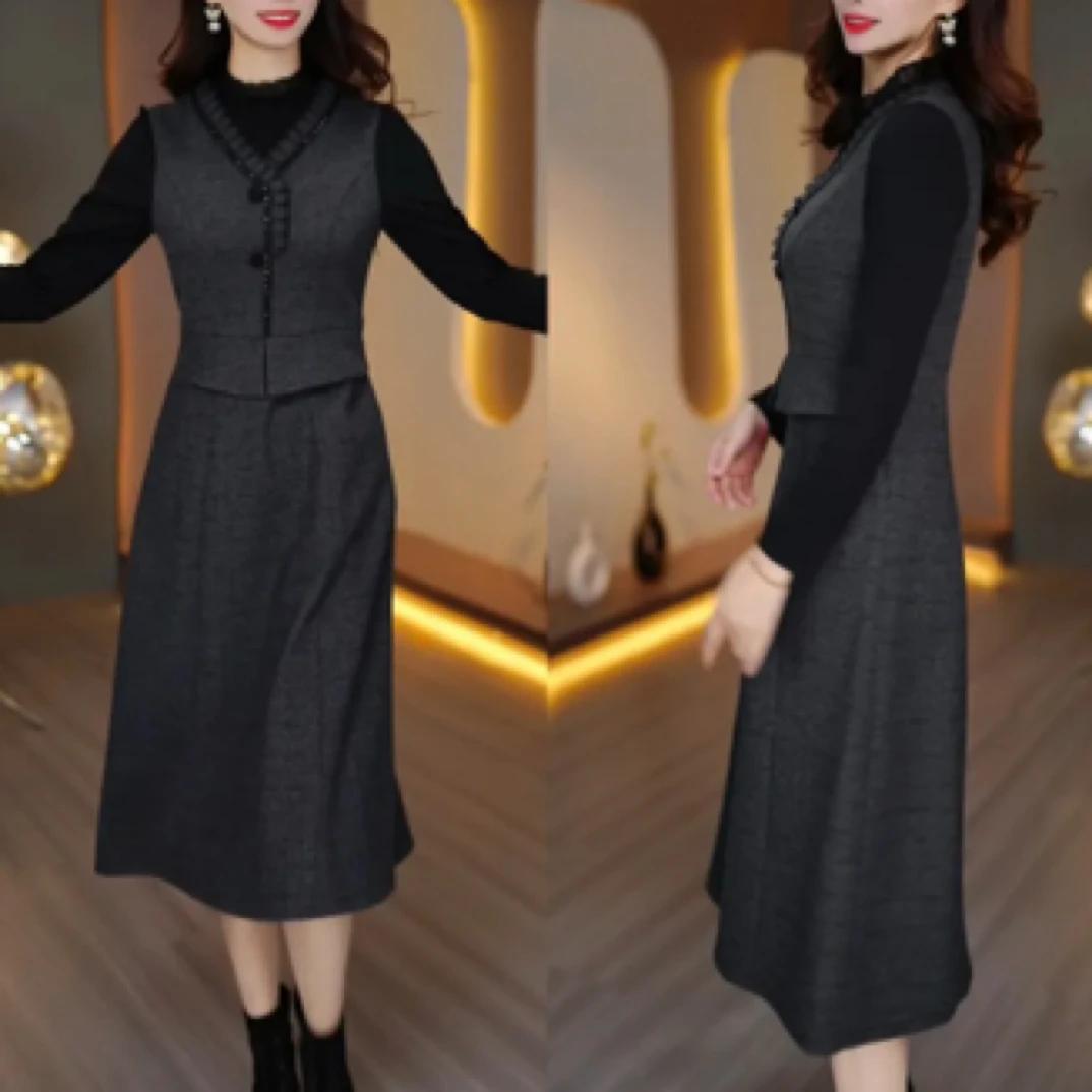16领花雅韵•灰显瘦假两件连衣裙灰色长袖时尚收腰中长款修身秋冬