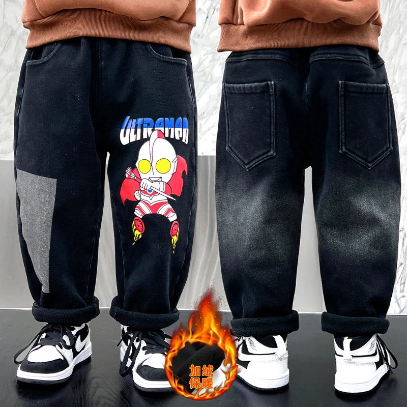 23冬季中小童奥特曼风火轮一体绒加厚保暖休闲儿童牛仔裤（90-150）