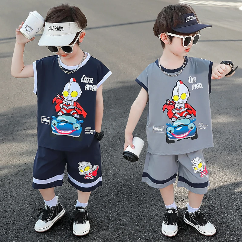 儿童夏季汽车奥特曼背心套装萌娃薄款洋气无袖帅气休闲卡通套装