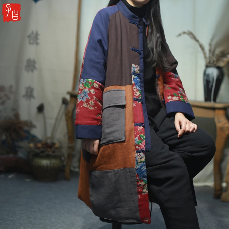 民族风个性拼布中长款棉衣冬复古宽松口袋夹棉保暖外套对襟棉服