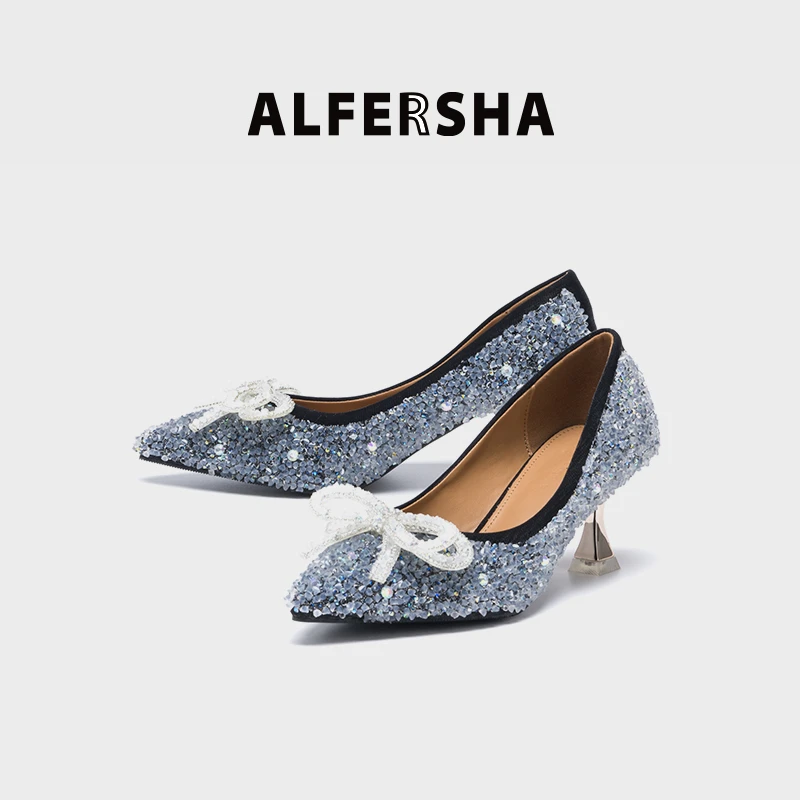 阿芙莎优雅手工鞋13720新款时尚细跟夜光蝴蝶结气质尖头高跟鞋