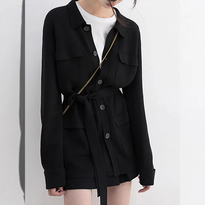 宽松系带收腰黑色针织开衫女秋2024新款休闲长袖毛衣外套减龄上衣