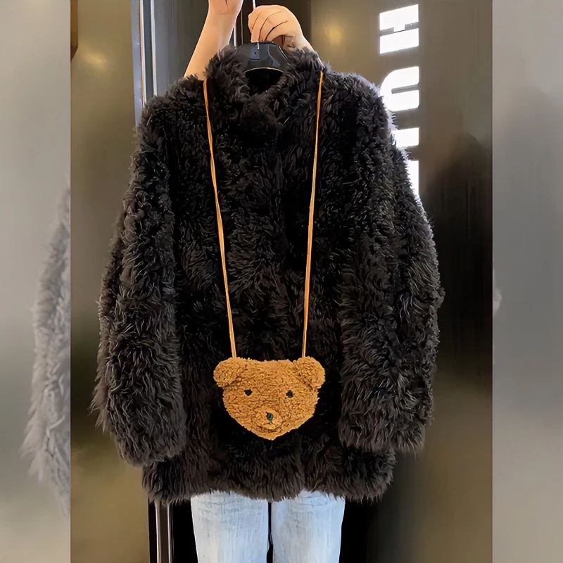 美拉德穿搭黑色仿水貂毛茸茸高端洋气小个子毛毛外套女秋冬季新款