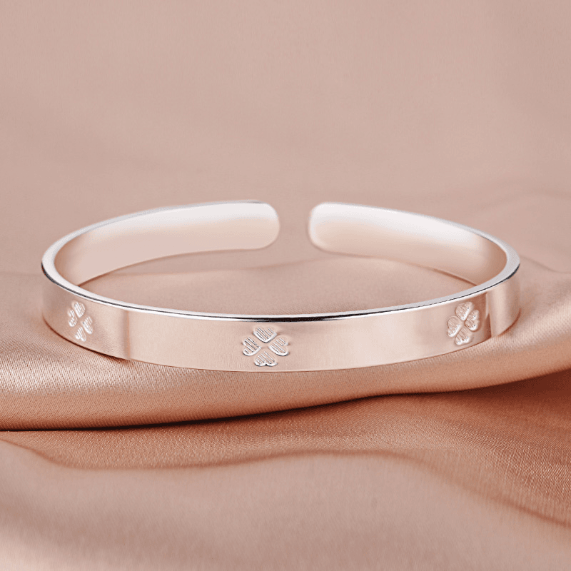 足银手镯 822四叶草银手镯足银9999实心手环开口时尚百搭送女友