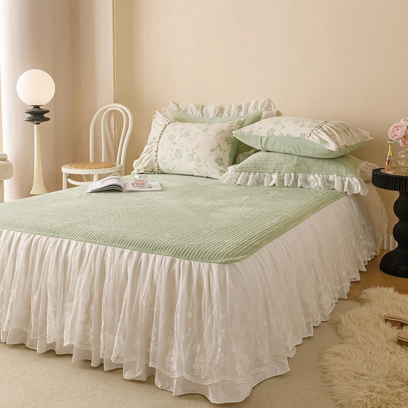 牛奶绒床裙法式奶油风防滑单件法兰绒加厚刺绣荷叶边遮丑床围裙罩
