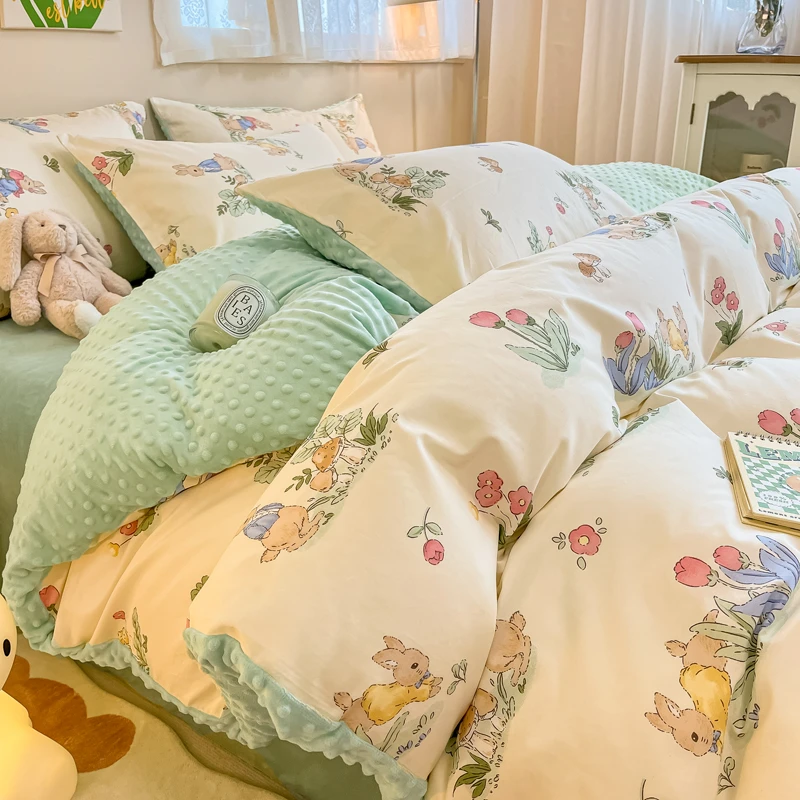 加厚A全棉B豆豆绒床上四件套小清新牛奶绒保暖被罩床单宿舍三件套