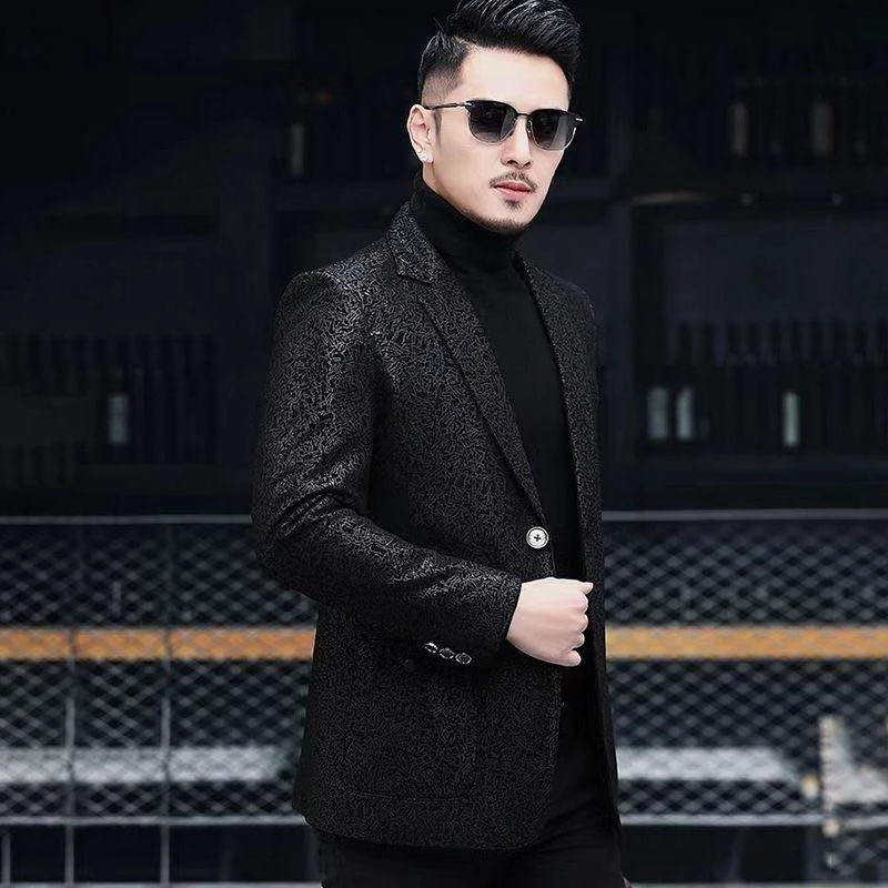 芭尚曼海宁真皮皮衣男2022秋季新款印花绵羊皮西装外套中年西服男