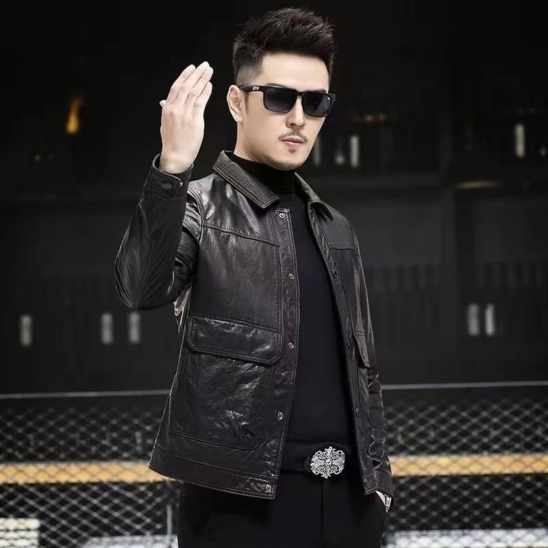 真皮皮衣男头层油蜡小牛皮翻领可脱卸内胆加厚保暖短款皮夹克外套
