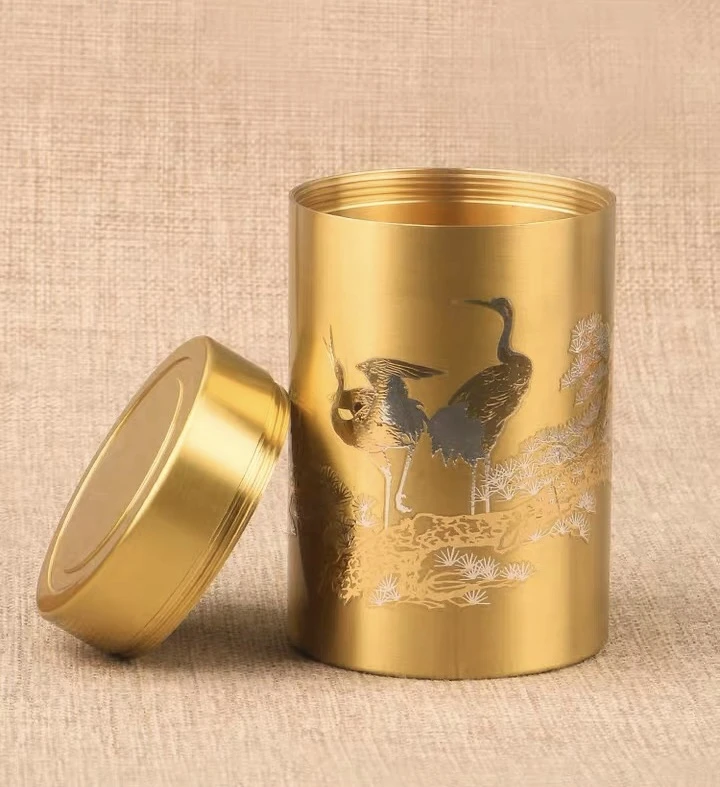 黄铜   《松鹤延年》茶叶罐  茶桌用品 摆件