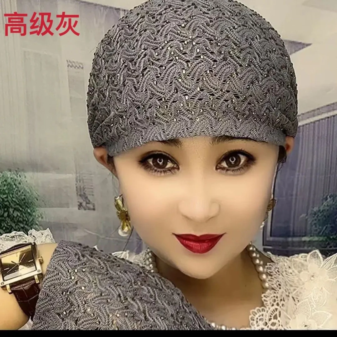 爆款高温烫钻妈妈款帽子洋气白搭女士包头帽针织
