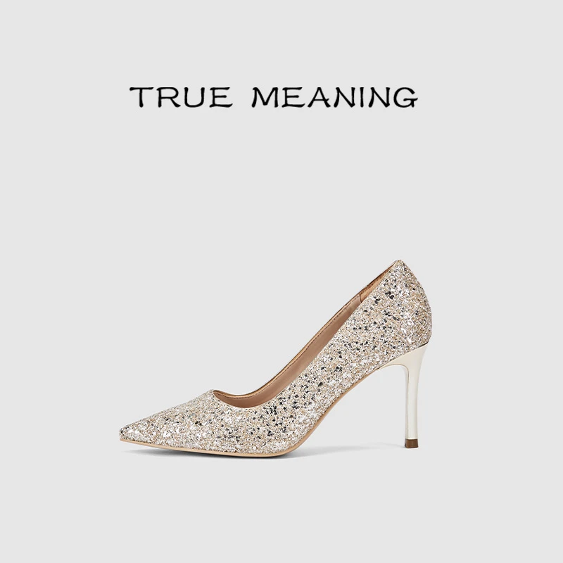 百搭气质尖头轻奢新娘鞋宴会伴娘鞋细跟高跟浅口高跟鞋银色