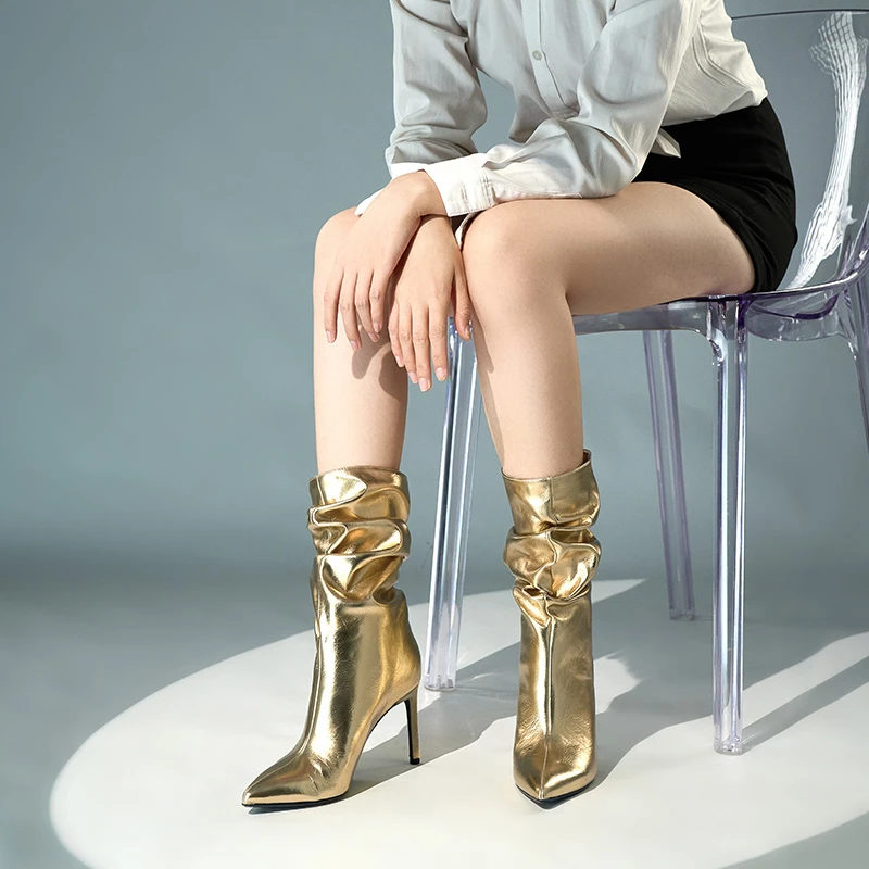 秋冬新款外穿时尚高跟堆堆靴金色女尖头长筒靴