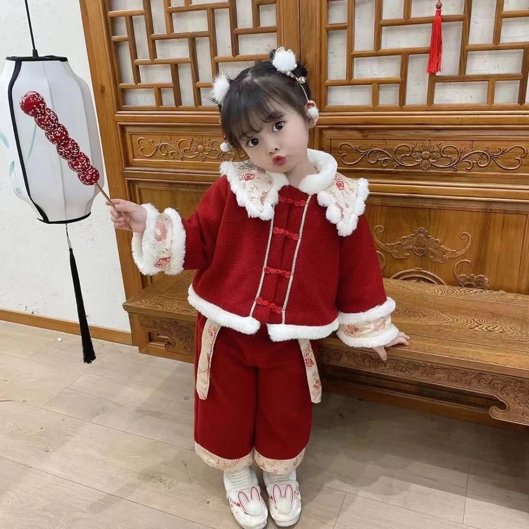 女童冬季新年套装加绒加厚中小儿童新款拜年服中国风宝宝周岁礼服