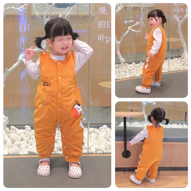 新生儿背带裤秋冬外穿男女宝宝按扣夹棉加厚裤子儿童高腰护肚棉裤