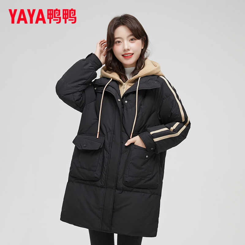 鸭鸭2024新款拼接宽松羽绒服女潮加厚休闲流连帽收腰显瘦外套时尚