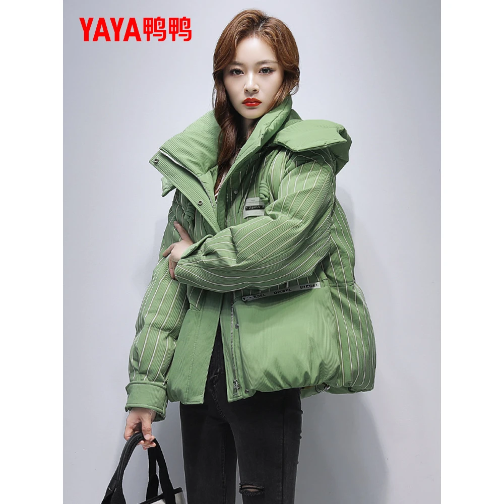 鸭鸭条纹羽绒服女短款小个子加厚2025新款时尚印花面包服外套休闲