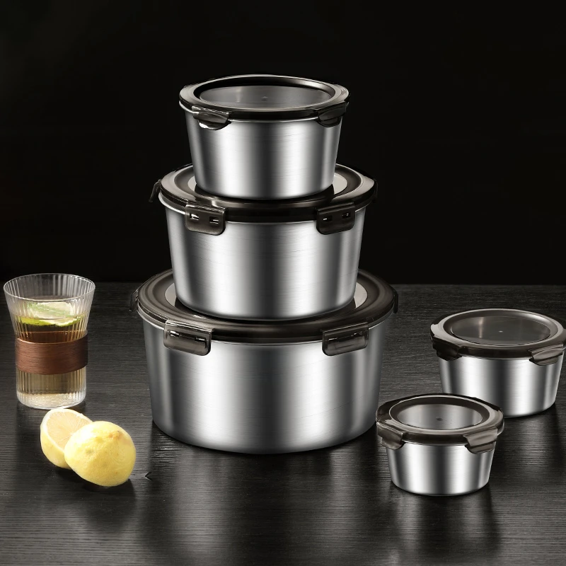 316不锈钢保鲜盒食品级饭盒圆形家用冰箱专用水果食物收纳便当盒