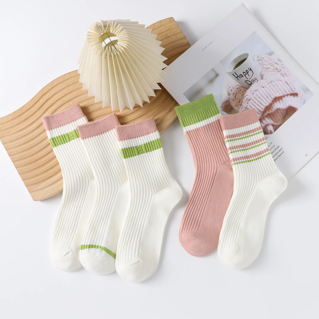 袜子女秋冬季中筒色系袜5双 女士学院风棉袜吸汗透气彩拼ins长袜