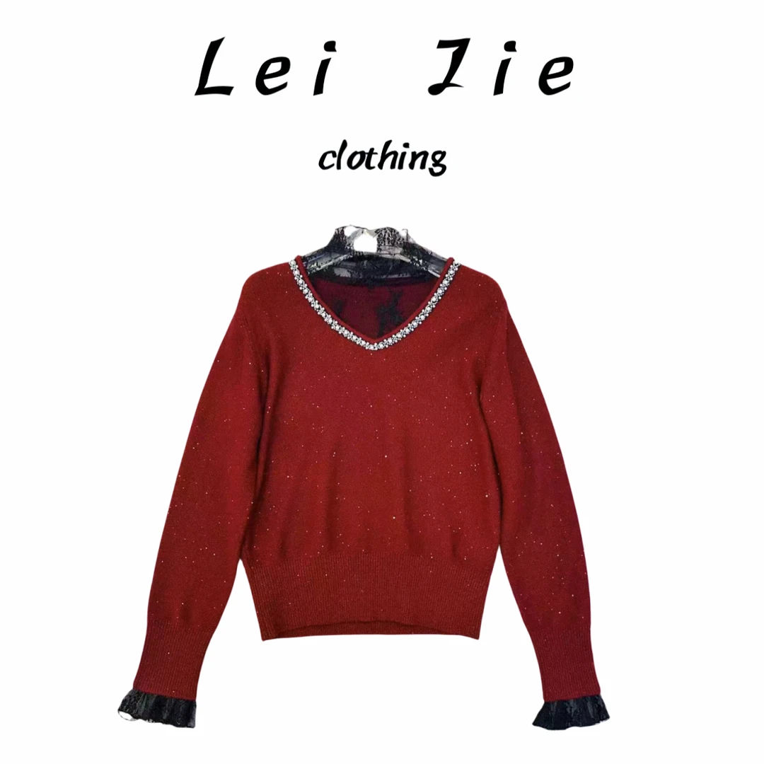 【Lei Jie】重工钉珠领拼蕾丝假两件全羊毛毛衣2424