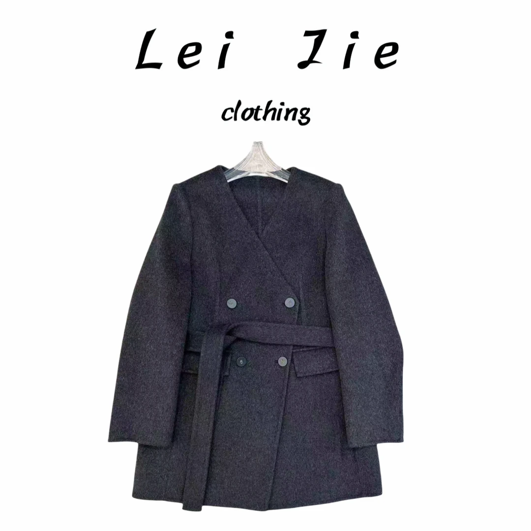 【Lei Jie】纯色V领百搭中长款大衣「配腰带」2480